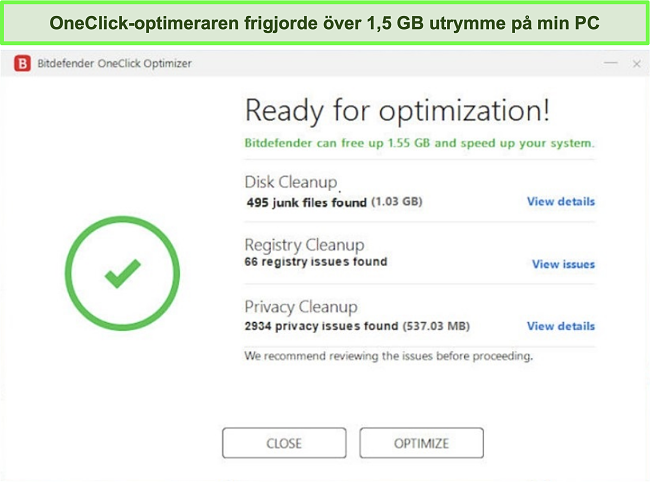 Skärmdump av Bitdefenders OneClick Optimizer-verktyg