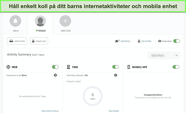 Skärmdump av Nortons instrumentpanel för föräldrakontroll