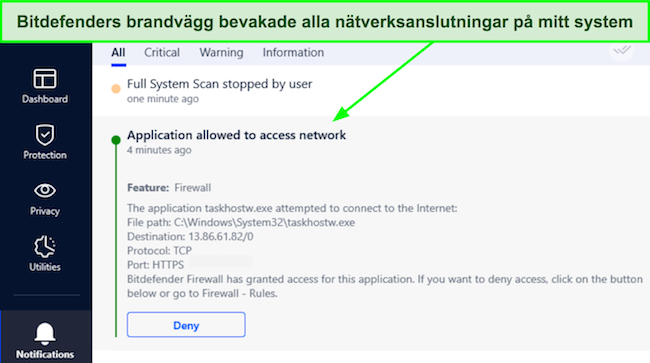 Skärmdump som visar Bitdefenders brandvägg som tillåter en anslutning