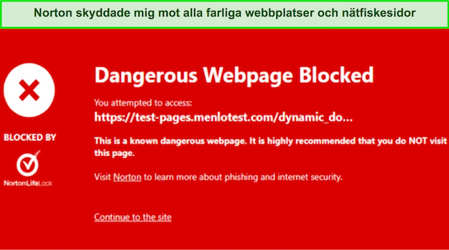 Skärmdump av Norton Safe-webbläsartillägg som blockerar en skadlig webbplats