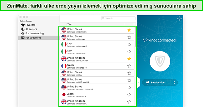 Mac uygulamasında ZenMate'in akış için optimize edilmiş sunucularının ekran görüntüsü.