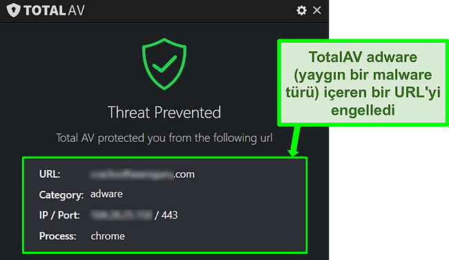 TotalAV'nin reklam yazılımı barındıran kötü amaçlı bir URL'yi engellediğini gösteren ekran görüntüsü.