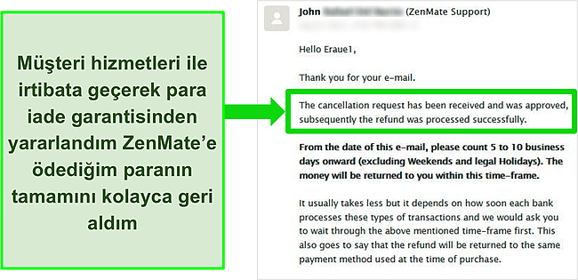ZenMate'in para iade garantisiyle geri ödemeyi onaylayan müşteri destek ekibiyle yapılan bir e-posta görüşmesinin ekran görüntüsü.
