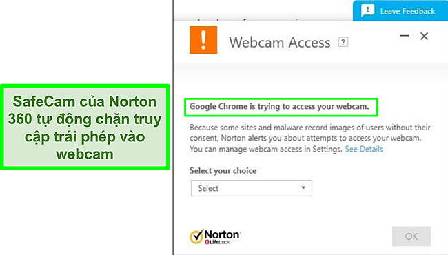 Ảnh chụp màn hình Norton chặn nỗ lực truy cập webcam của Google Chrome.