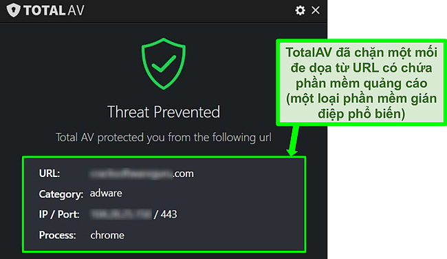Ảnh chụp màn hình cho thấy TotalAV đang chặn một phần mềm quảng cáo lưu trữ URL độc hại.