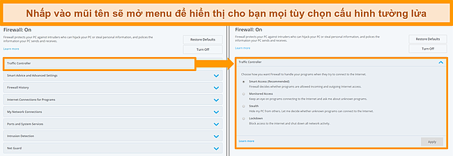 Ảnh chụp màn hình các tùy chọn tường lửa của McAfee.