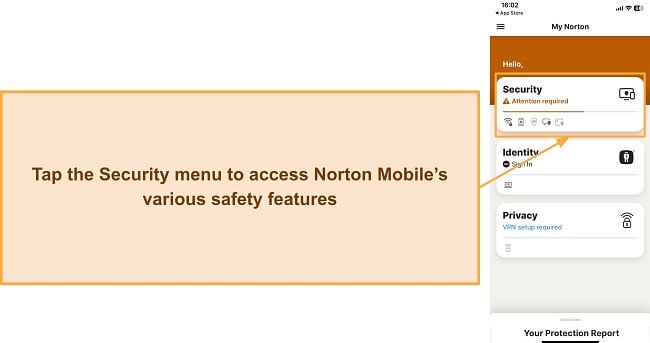 Screenshot showing how to access Norton's security features on iOS