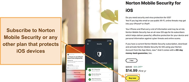 Screenshot showing how to subscribe to Norton Mobile Security