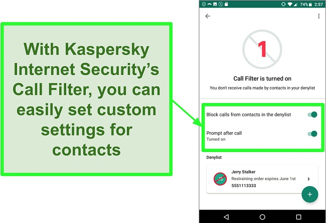 Screenshot of Kaspersky Internet Security's Call Filter function on an Android mobile device