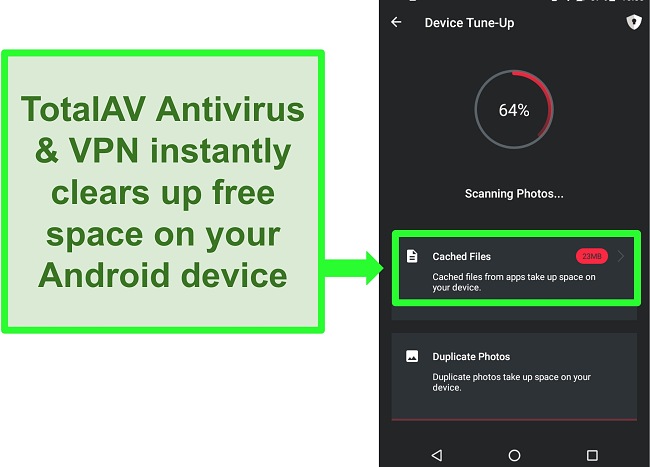 Screenshot of the device clean-up function in TotalAV Antivirus & VPN for Android
