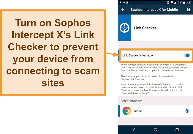 Screenshot of the Link Checker on Sophos Intercept X's free Android app