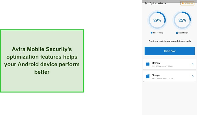 Screenshot of Avira Mobile Security's optimization features