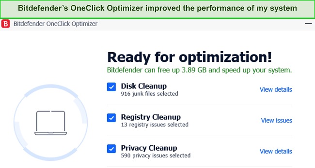 Screenshot of Bitdefender's OneClick optimization scan