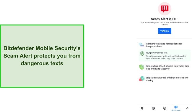Screenshot of Bitdefender Mobile Security's Scam Alert feature