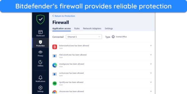  Screenshot showing the firewall in Bitdefender