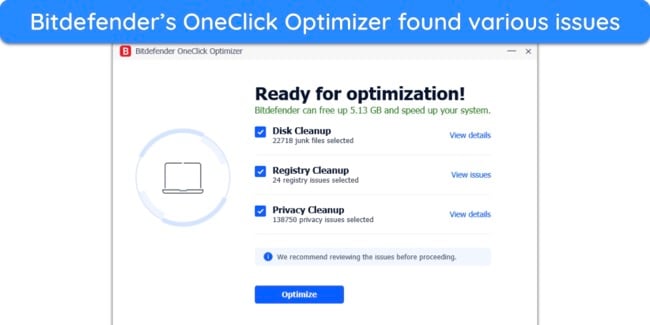 Screenshot of Bitdefender's OneClick Optimizer scan results