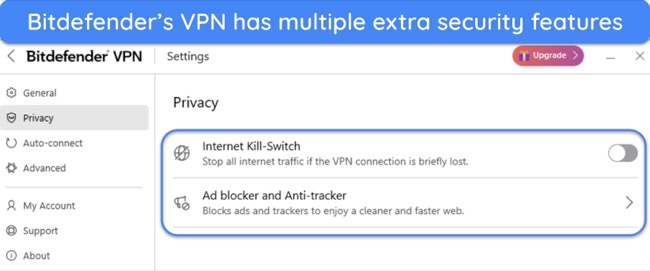 Screenshot of the extra security features in Bitdefender's VPN