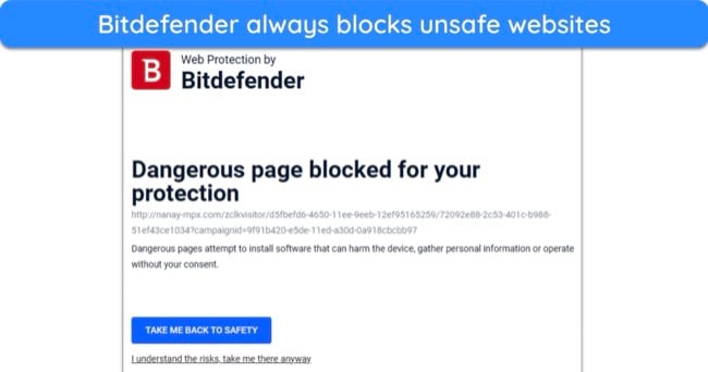 Screenshot of Bitdefender blocking an unsafe website