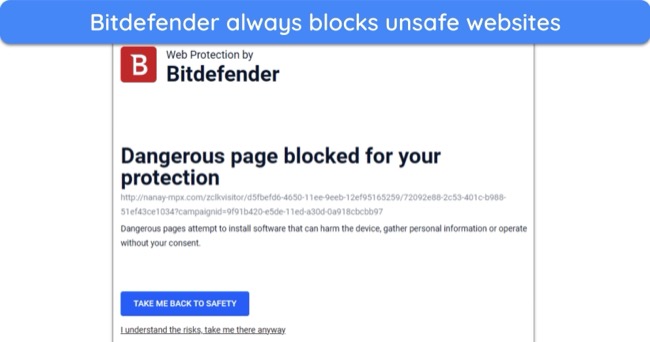 Screenshot of Bitdefender blocking an unsafe website