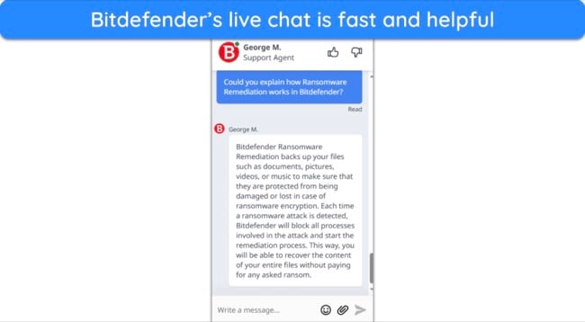 Screenshot of a conversation with Bitdefender's live chat support