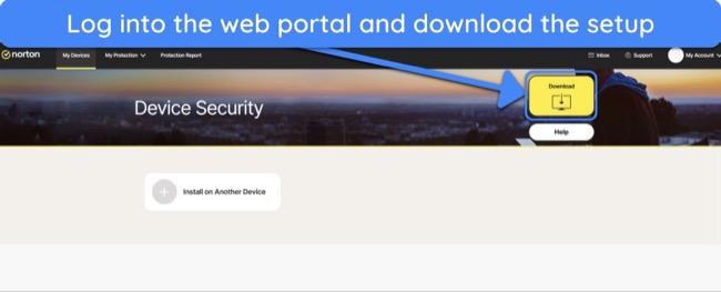 Screenshot showing how to download Norton's setup from the web portal