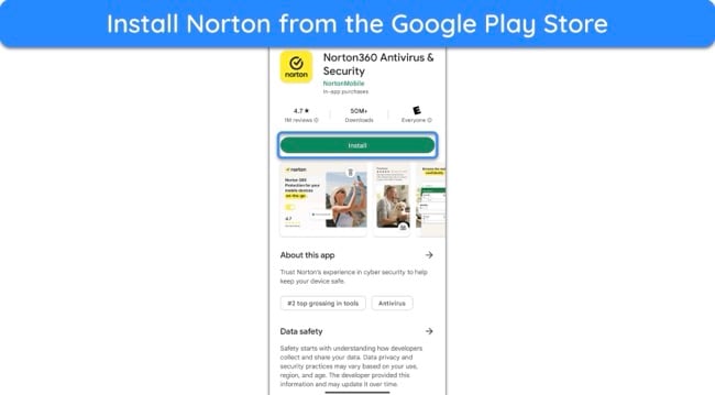 Screenshot showing how to install Norton from the Google Play Store