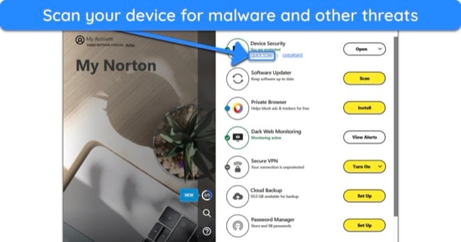 Screenshot showing how to start a quick scan using Norton