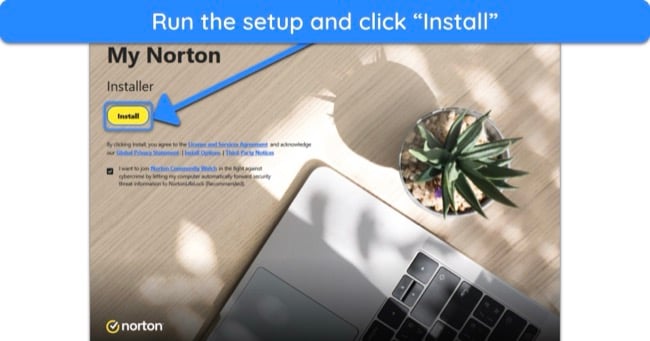 Screenshot showing how to begin installing Norton on your system