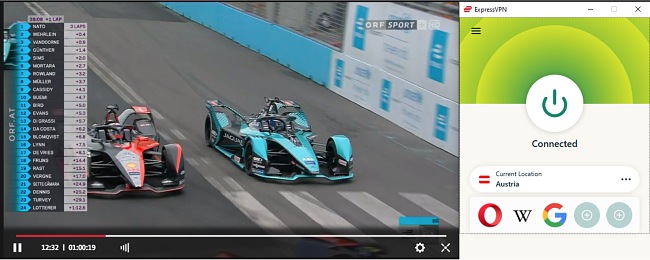 Screenshot von ExpressVPN, das den ORF entsperrt, während ein F1-Stream abgespielt wird