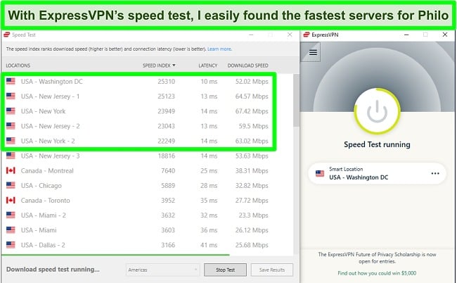 Screenshot of ExpressVPN's speed test tool showing a test in progress for servers in the Americas