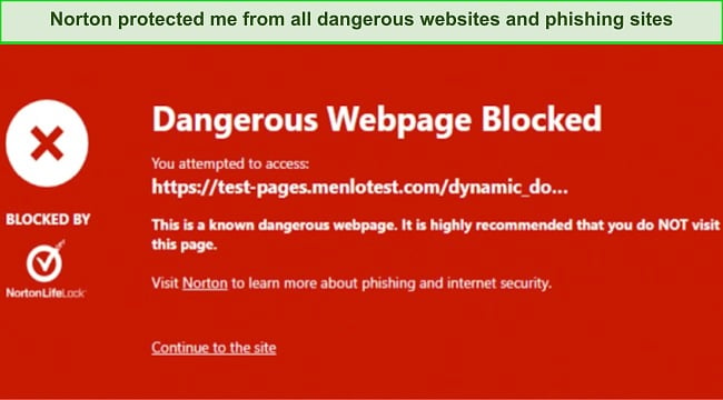 Screenshot of Norton Safe Web browser extension blocking a malicious site