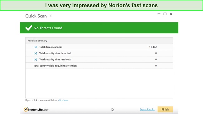 Screenshot of Norton Quick scan results