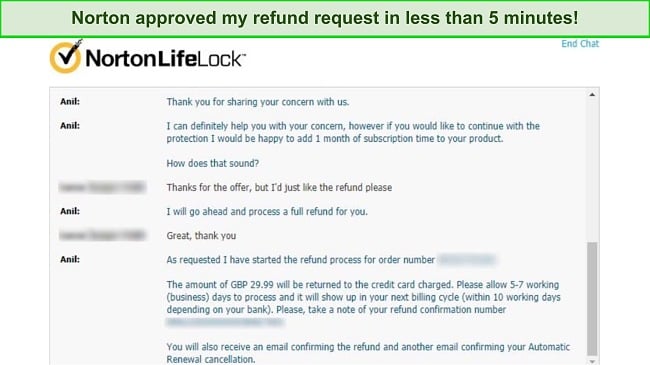 Screenshot of Norton's Refund confirmation chat
