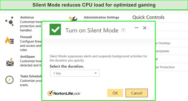 Screenshot of Norton's Silent Mode settings tab