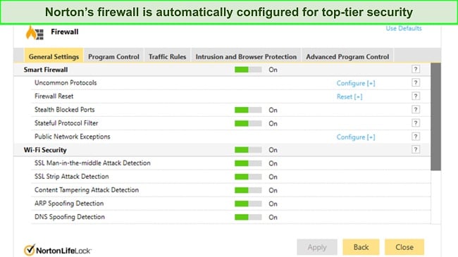 Screenshot of Norton's firewall settings tab