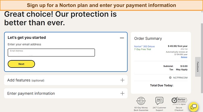 Screenshot of Norton's sign up page