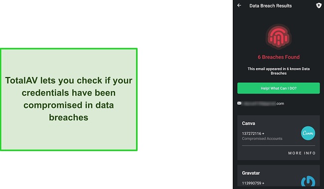 Screenshot showing TotalAV's data breach check feature
