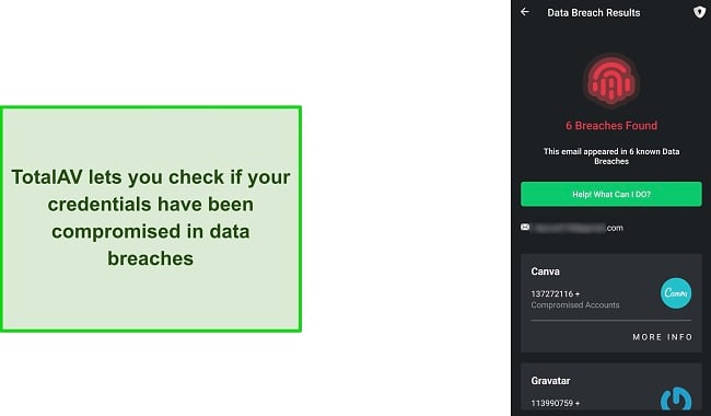 Screenshot showing TotalAV's data breach check feature