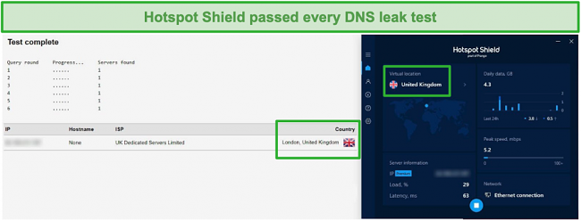 Screenshot of Hotspot Shield passing a DNS test while connected to a UK server.