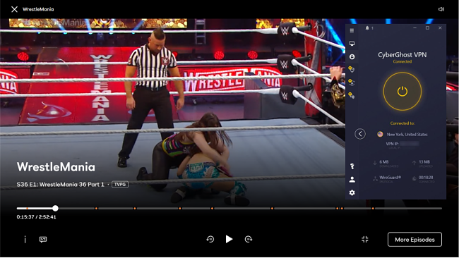 Screenshot of CyberGhost unblocking WrestleMania on Peacock