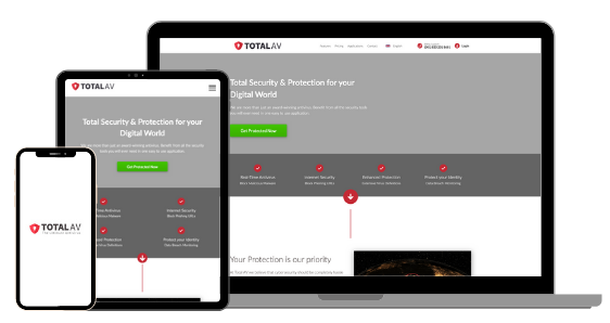 Screenshot of TotalAV vendor user interface on smartphone, tablet, and desktop