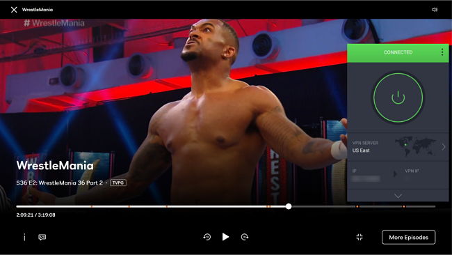 Screenshot of Private Internet Access unblocking WrestleMania on Peacock