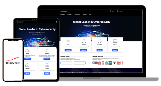 Screenshot of Bitdefender vendor user interface on smartphone, tablet, and desktop