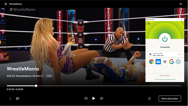 Screenshot of ExpressVPN unblocking WrestleMania on Peacock