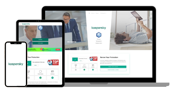 Screenshot of Kaspersky vendor user interface on smartphone, tablet, and desktop