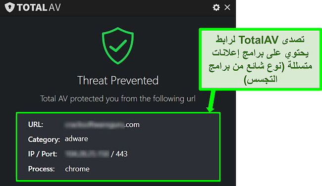 لقطة شاشة تعرض TotalAV حظرًا لعنوان URL ضار يستضيف برامج إعلانية.