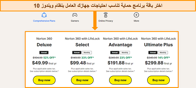 لقطة شاشة لصفحة أسعار Norton لمقارنة خيارات الاشتراك المختلفة