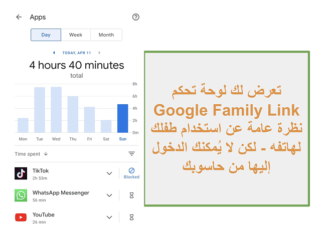 لقطة شاشة لنظرة عامة على Google Family Link حول استخدام هاتف الطفل