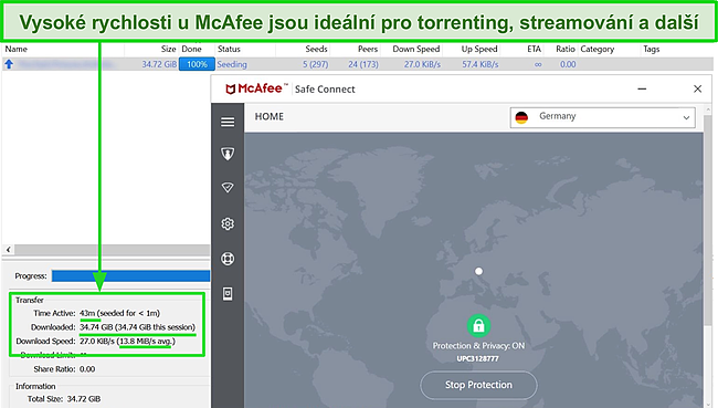 Screenshot obrazovky připojení McAfee Safe Connect VPN k serveru