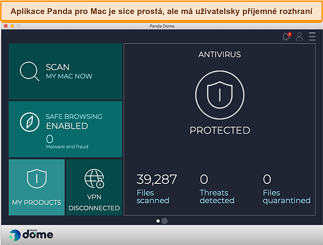Screenshot řídicího panelu aplikace Panda pro Mac